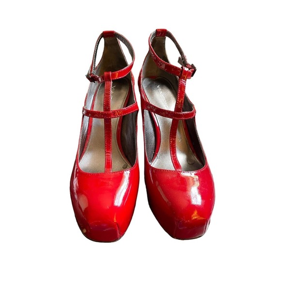 Via Spiga Womens Leather T-Stripe Block Heel Sandals Round Toe Size 6.5US Red - Picture 1 of 5